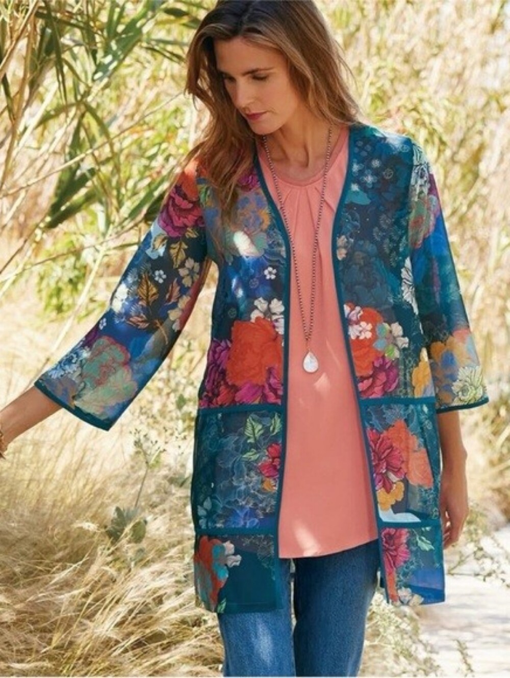 Soft Surroundings Blue Floral Renature Topper Kimono - Size Medium